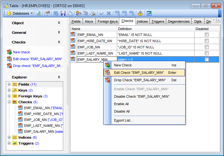 Table Editor - Managing checks