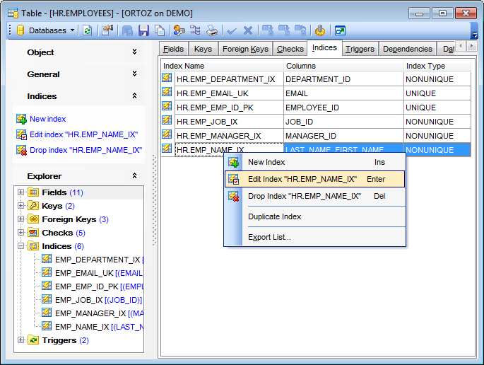Table Editor - Managing indexes