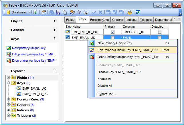 Table Editor - Managing keys