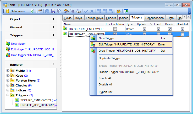 Table Editor - Managing triggers