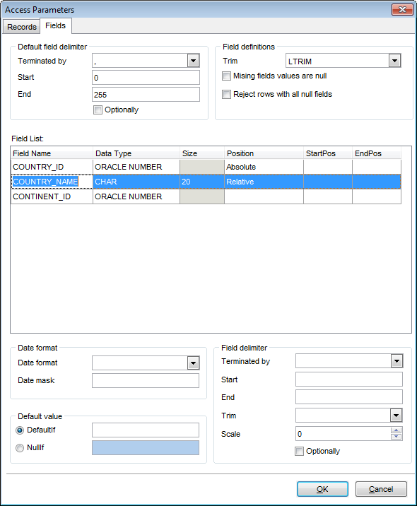 Table properties - External - Access parameters - Fields