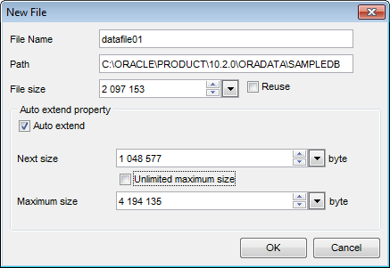 Tablespace Editor - Files - New File