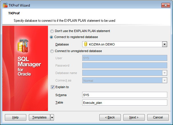 TKProf Wizard - Defining explain plan