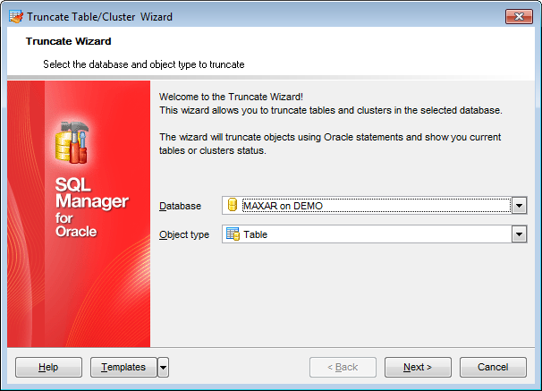 Truncate Wizard - Selecting database and object type