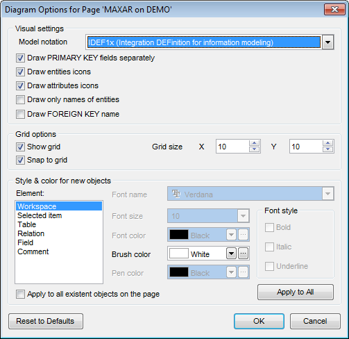 VDBD - Setting diagram options