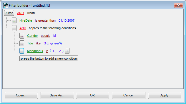 Filter Builder dialog - Applying filter conditions