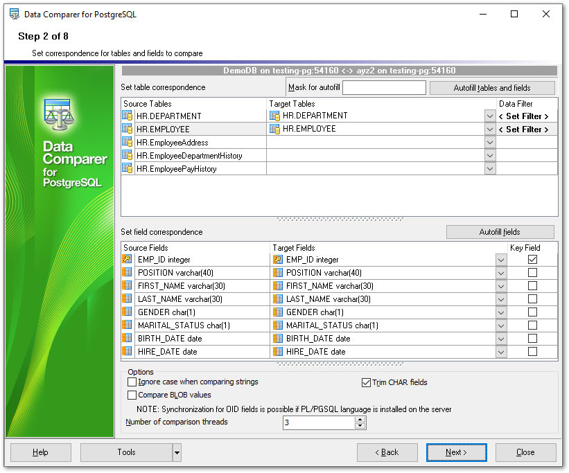 Step 2 - Setting tables and fields correspondence