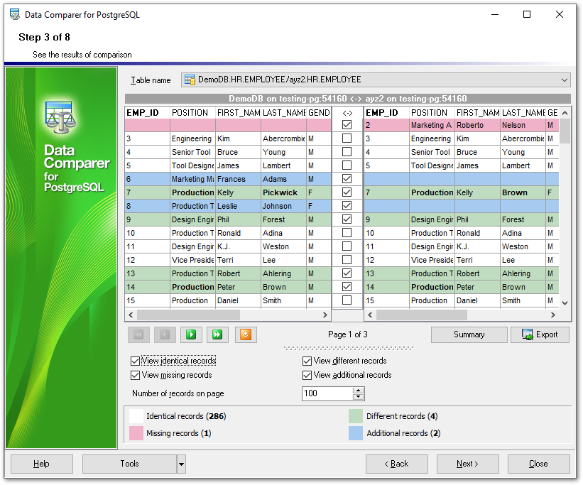 Step 3 - Browsing data comparison results