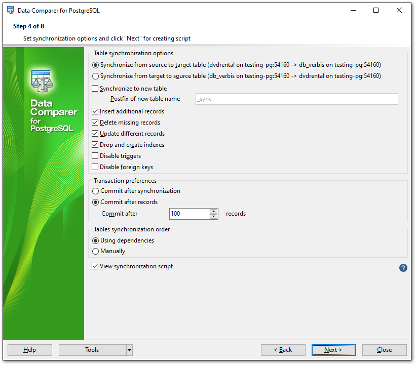 Step 4 - Specifying data synchronization options