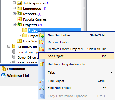 DB Explorer - Managing projects - Adding objects