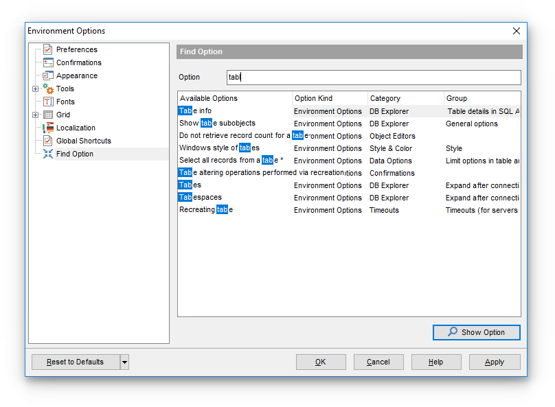 Environment Options - Find Option