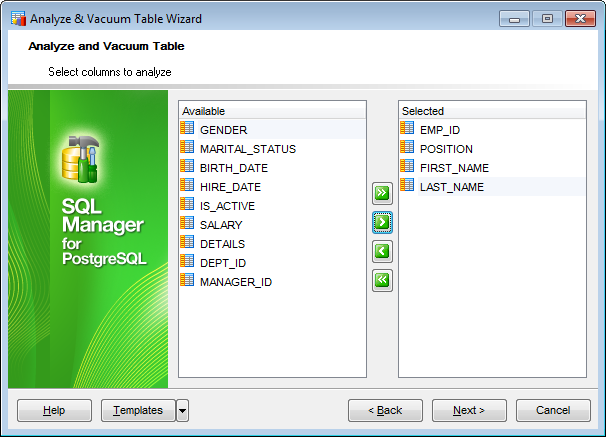 Analyze & Vacuum Table - Selecting columns to analyze