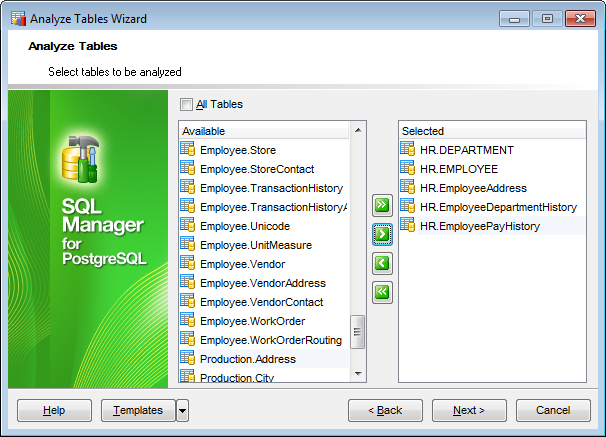 Analyze Tables - Selecting tables to be analyzed