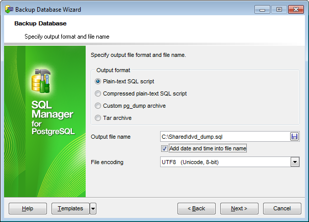 Backup Database - Setting output format and file name