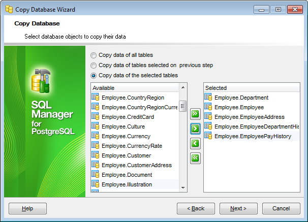 Copy Database Wizard - Selecting objects to copy their data