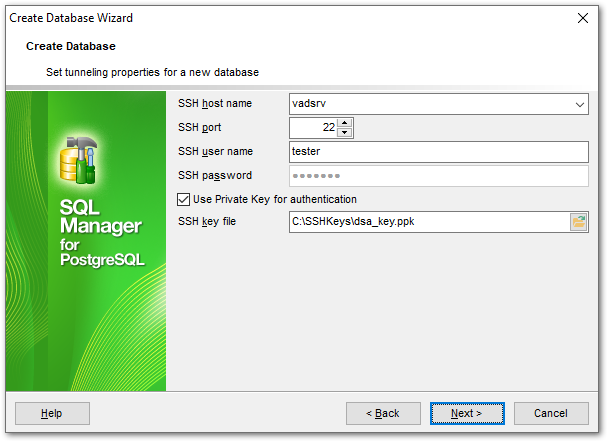 Create Database Wizard - Setting connection properties - SSH