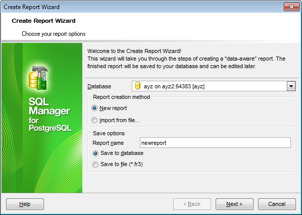 Create Report - Specifying database name and report options