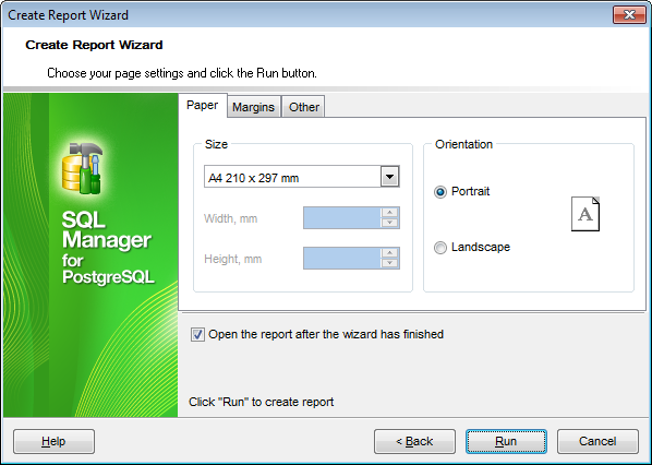 Create Report - Specifying paper settings