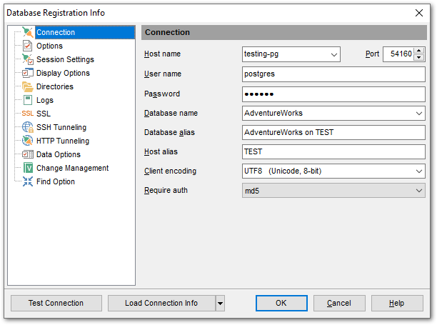 Database Registration Info - Editing connection properties