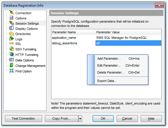 Database Registration Info - Session Settings