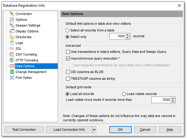 Database Registration Info - Setting data options