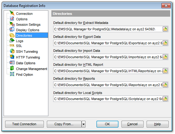 Database Registration Info - Setting default directories