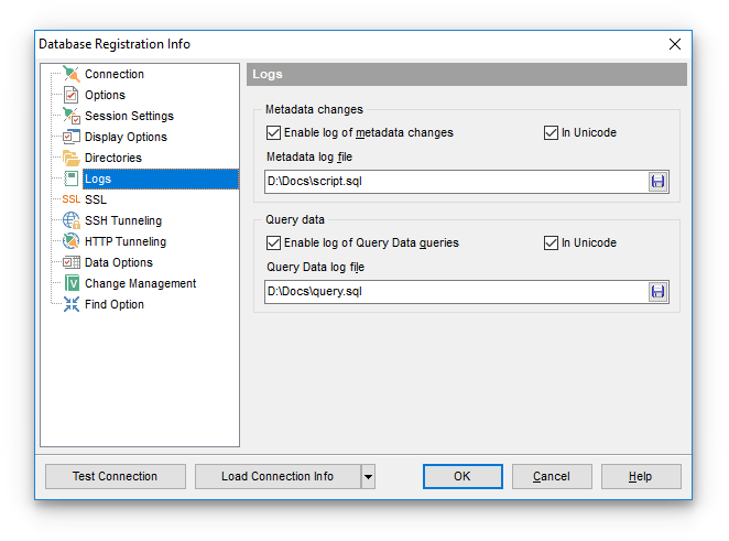 Database Registration Info - Setting log options