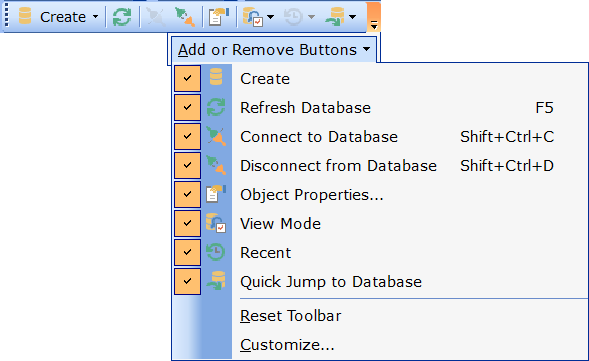 DB Explorer - Configuring DB Explorer - Toolbar