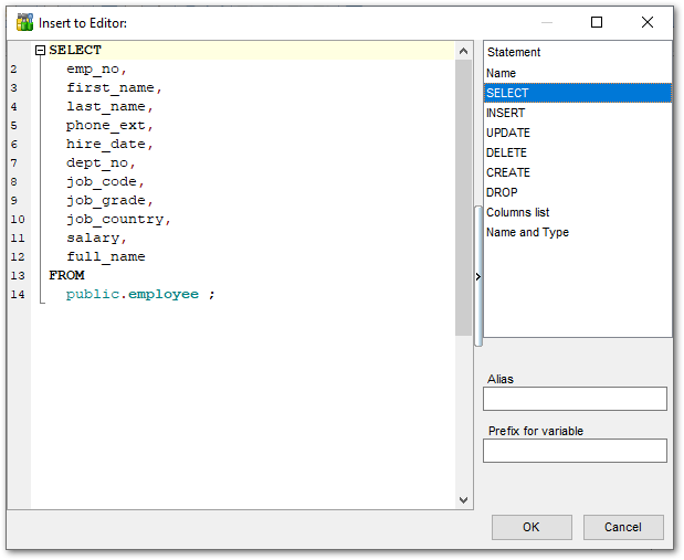 DB Explorer - Insert to Editor