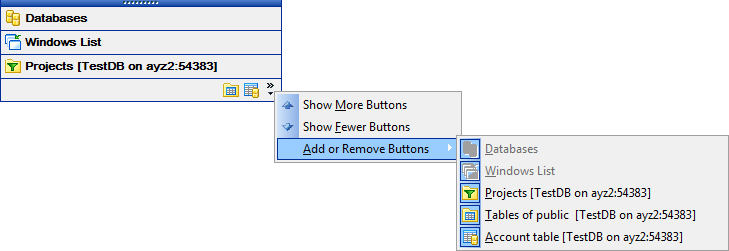 DB Explorer - Using tabs - Add or remove buttons