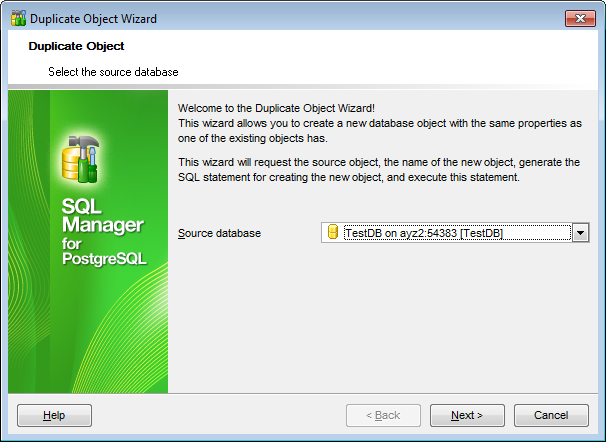 Duplicate Object Wizard - Selecting the source database
