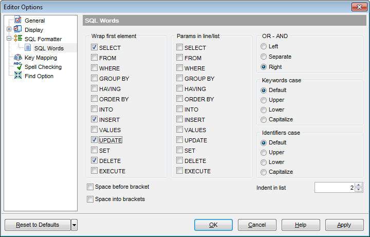 Editor Options - SQL Formatter - SQL Words