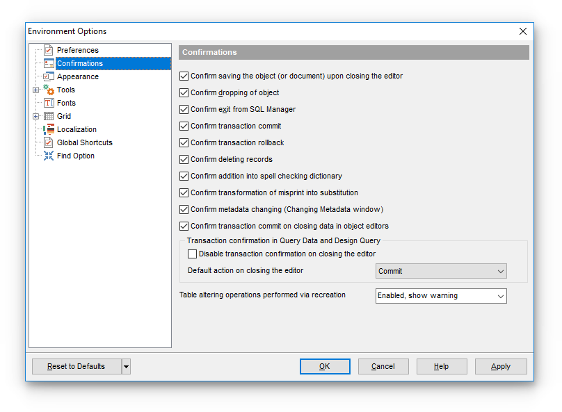 Environment Options - Confirmations