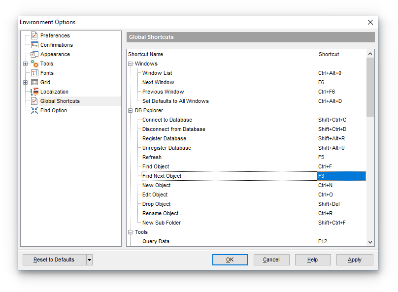 Environment Options - Global Shortcuts