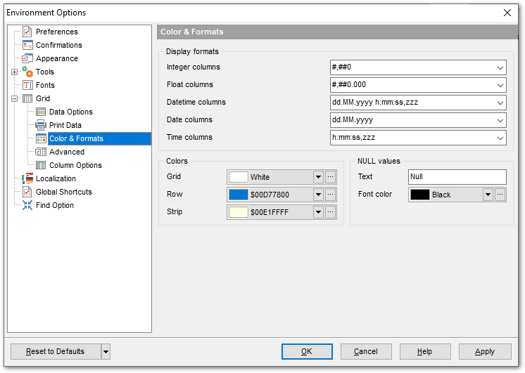 Environment Options - Grid - Color & Formats