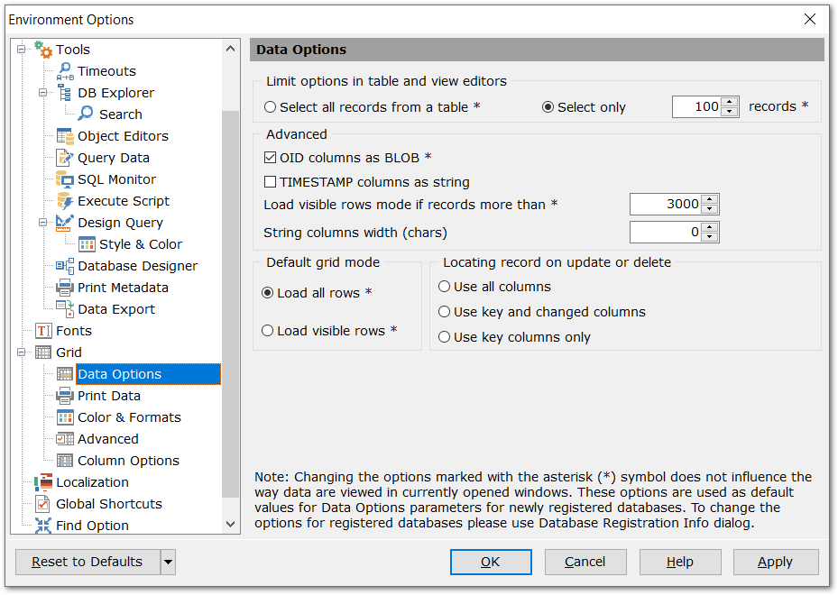 Environment Options - Grid - Data Options