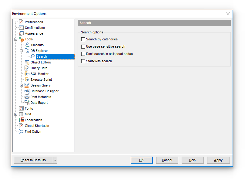 Environment Options - Tools - DB Explorer - Search