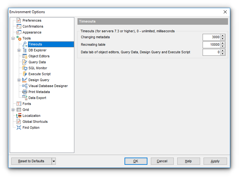 Environment Options - Tools - Timeouts