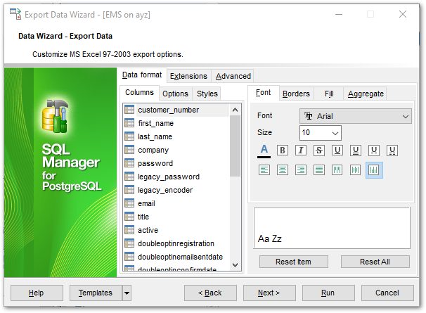 Export Data - Format-specific options - Excel