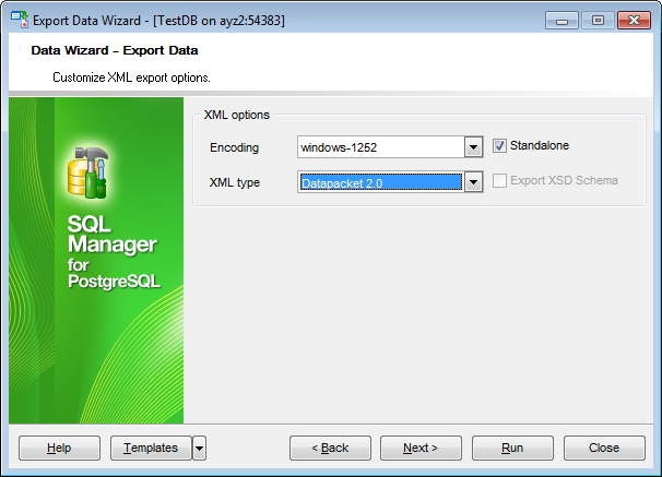 Export Data - Format-specific options - XML