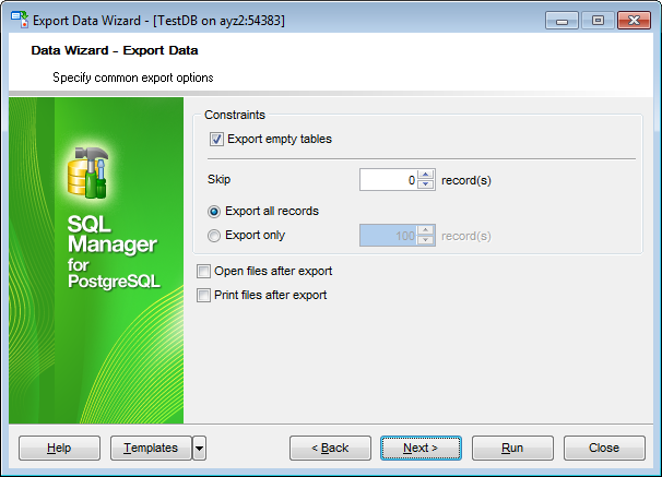 Export Data - Setting common export options