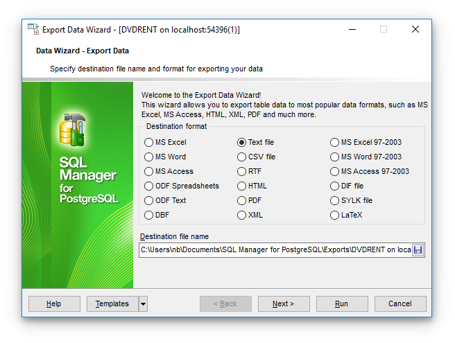 Export Data - Setting destination file name and format