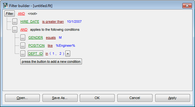 Filter Builder dialog - Applying filter conditions