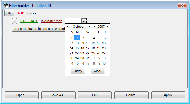 Filter Builder dialog - Setting filter criteria values