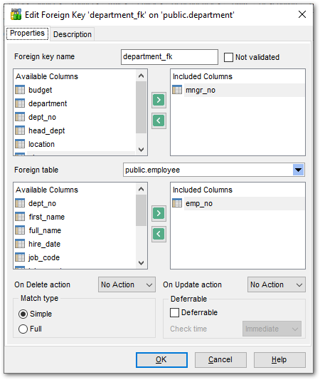 Foreign Key Editor - Editing foreign key definition