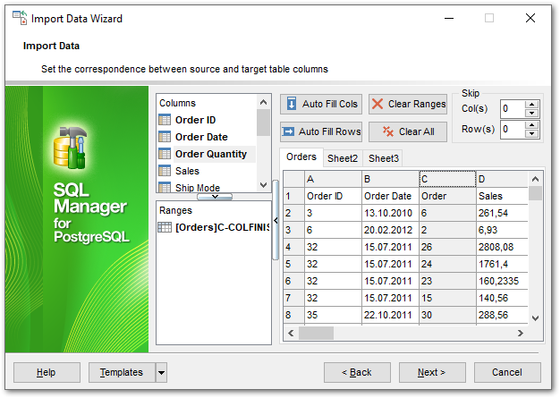 Import Data - Setting fields correspondence - Excel