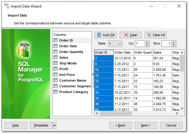 Import Data - Setting fields correspondence - HTML