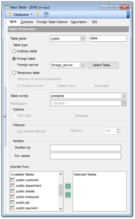 New table - Setting table properties