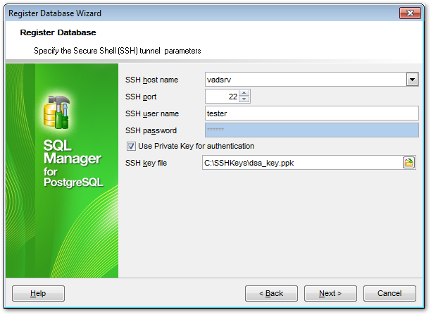 Register Database wizard - Setting connection parameters - SSH