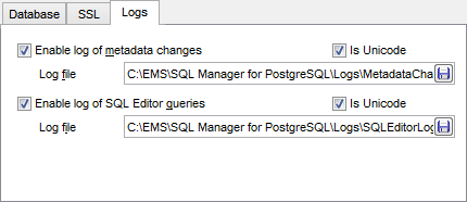 Register Database wizard - Setting specific options - Logs